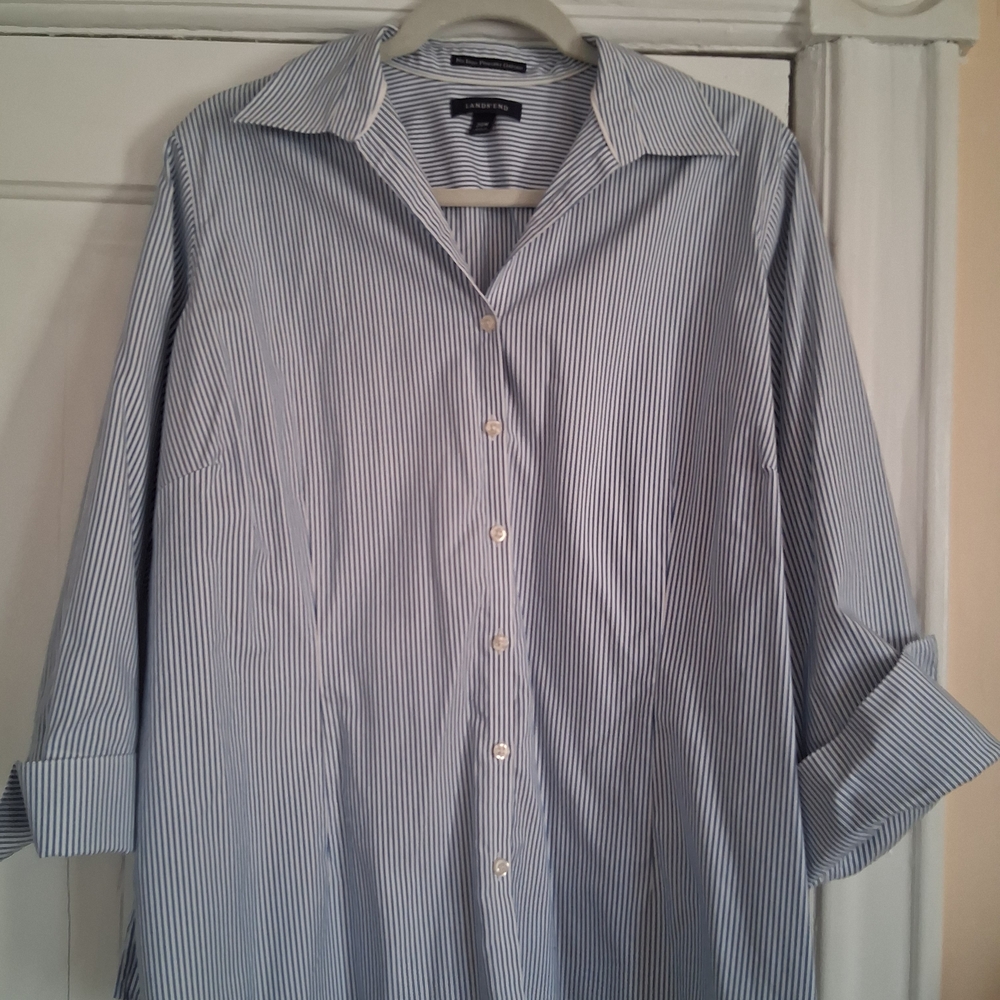 Lands' End Men's Blue Pinstripe Button Down Shirt